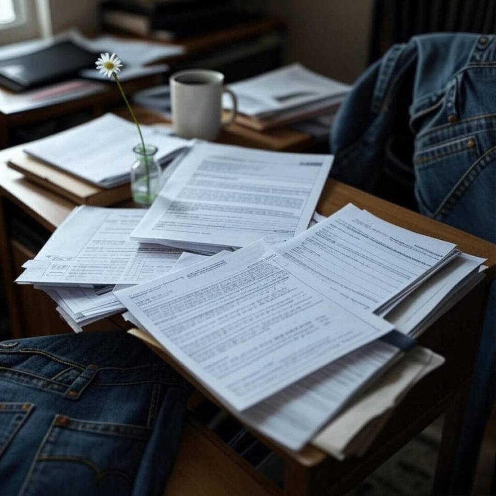 Chaotic desk with stained jeans, a bill, a half-written report, and a daisy, reflecting a messy slip and fall case effort with a hint of hope.