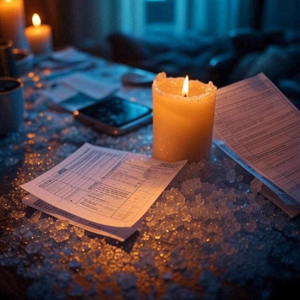Photorealistic shot of a barely burning candle on a messy coffee table with crumpled legal forms and a busted phone, wonky angle, warm golds and icy blues clashing with a bittersweet vibe.