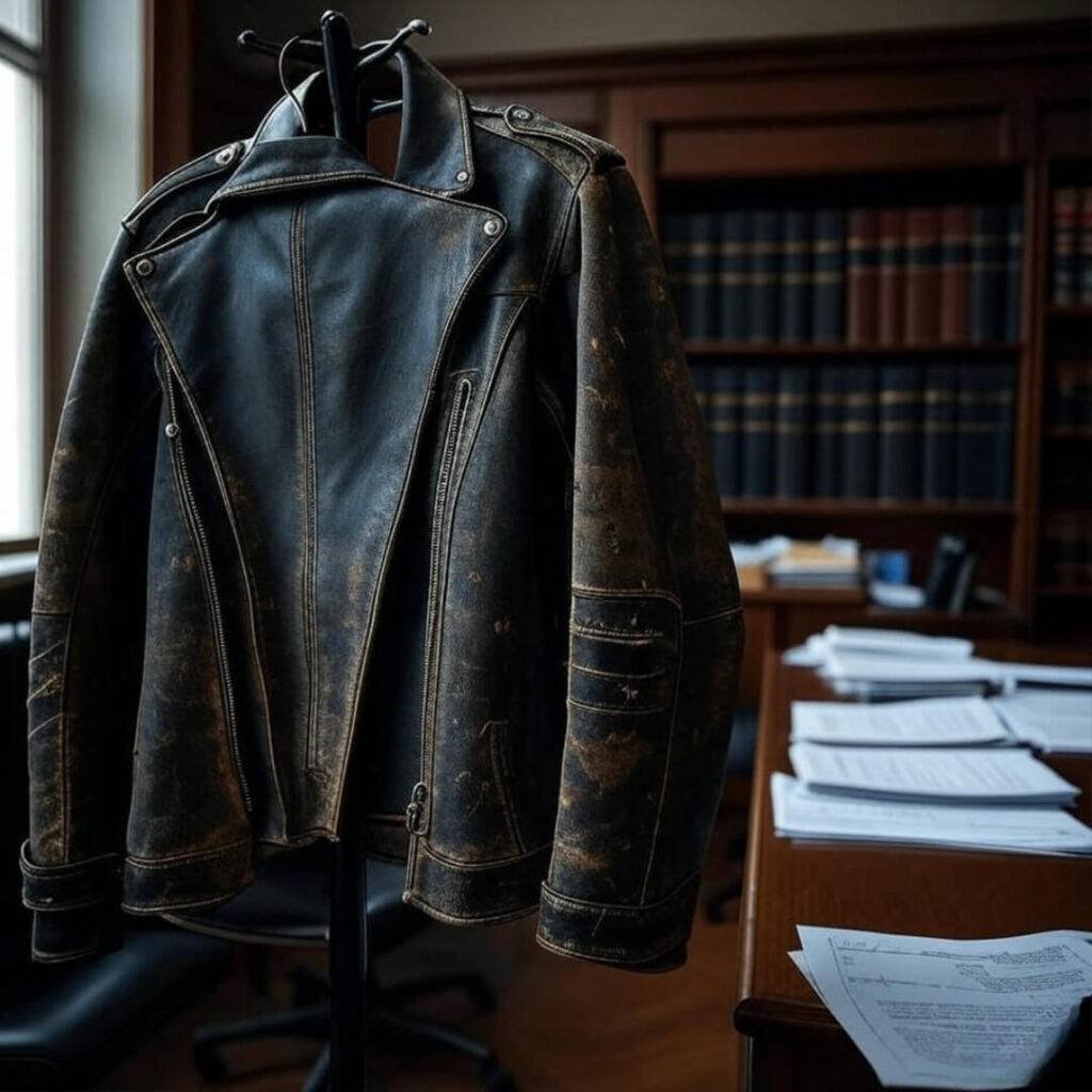 Worn motorcycle jacket hanging in a lawyer’s office, photographed from a hopeful yet nervous perspective with bookshelves and papers in the background, captioned "My jacket’s been through hell, but a motorcycle accident lawyer can get you through worse."