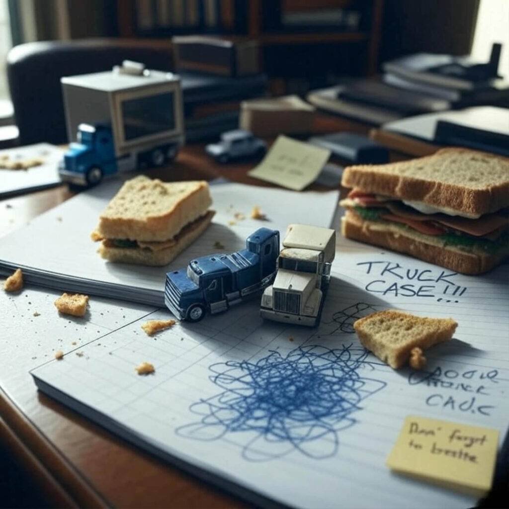 A vintage-inspired photo of a cluttered attorney’s desk with a half-eaten sandwich, a legal pad scribbled with “TRUCK CASE!!”, a tiny toy semi-truck, and a sticky note reading “Don’t forget to breathe,” in a sepia-toned palette with electric blue accents.