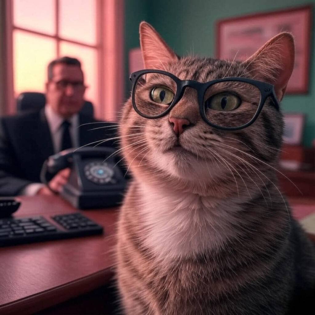 A quirky, vintage-inspired illustration of a Zoom call with a blurred lawyer’s face in the background, while a cat wearing glasses and a bow tie steals the spotlight in the foreground, rendered in retro pinks and greens with a wryly humorous tone.