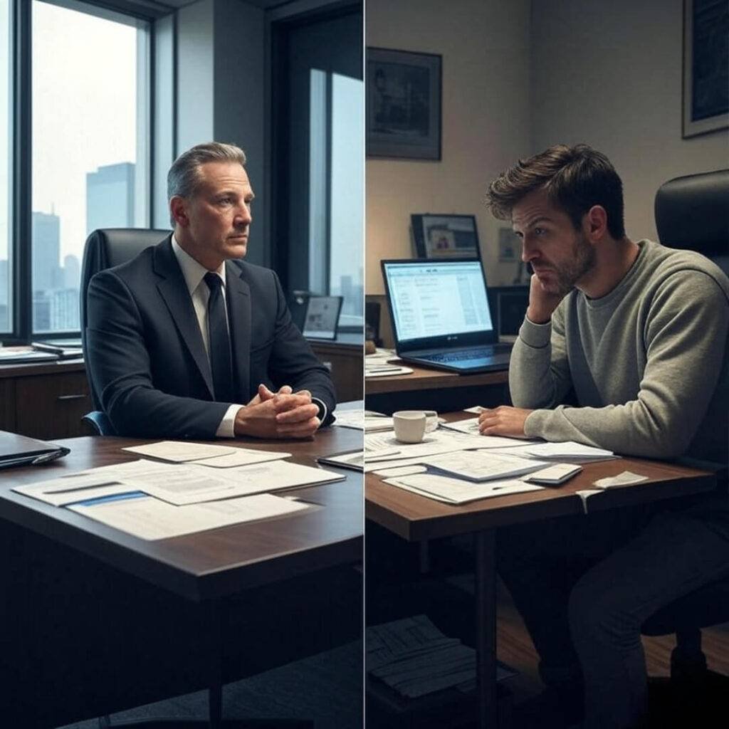 Alt text: A wryly humorous split-screen image with bold outlines: one side shows a sleek law office with a suited lawyer, the other a cluttered home desk with a stressed person and laptop, captioned "Virtual vs. in-person lawyering—my life in one chaotic split."