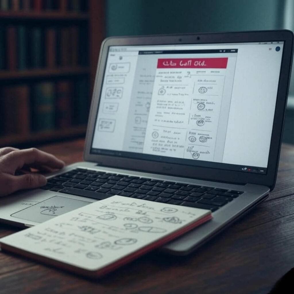 Quirky vintage-inspired image of a laptop open to a legal aid site, with a hand scribbling notes and doodles on a pad, in muted teal and crimson tones, capturing a wryly humorous vibe of chaotic pursuit of free legal advice.