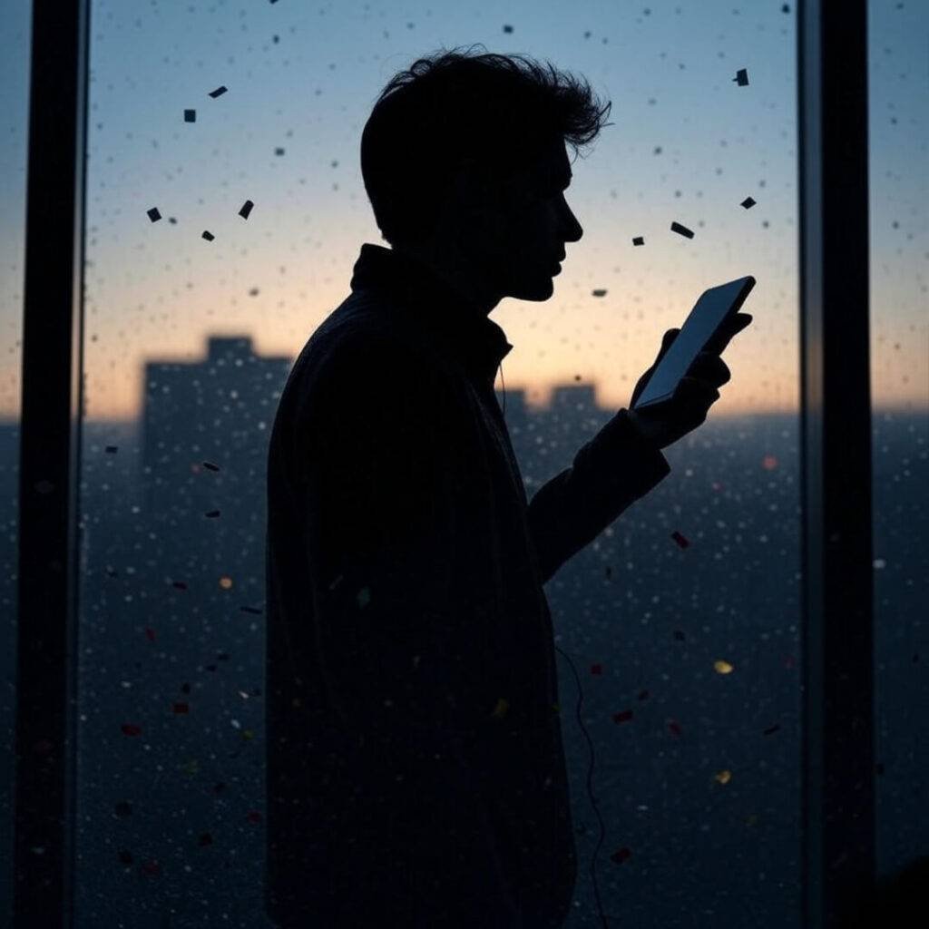 "Silhouetted figure by a rainy window post-consultation, phone dangling, urban skyline blurred with confetti-gavel motifs, deep indigos fading to amber warmth."