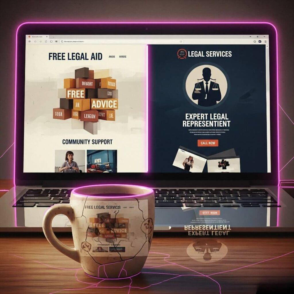 A vintage-inspired digital painting of a laptop screen with a split-screen view, showing a legal aid site and a legal services ad, with a chipped mug in the foreground.