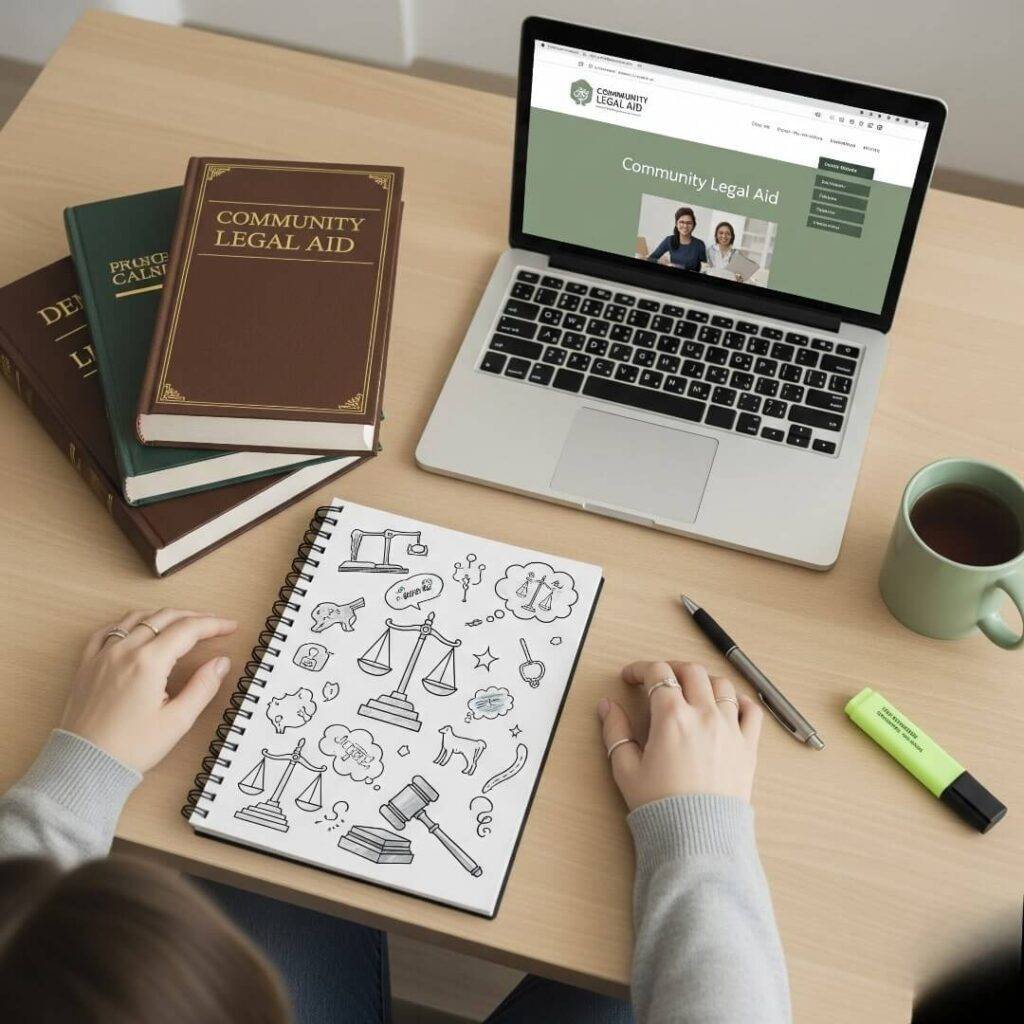 A top-down, slightly blurred image of a student's desk with legal books, a doodled notepad, and a laptop open to a clinic's site, with a sage green color palette.