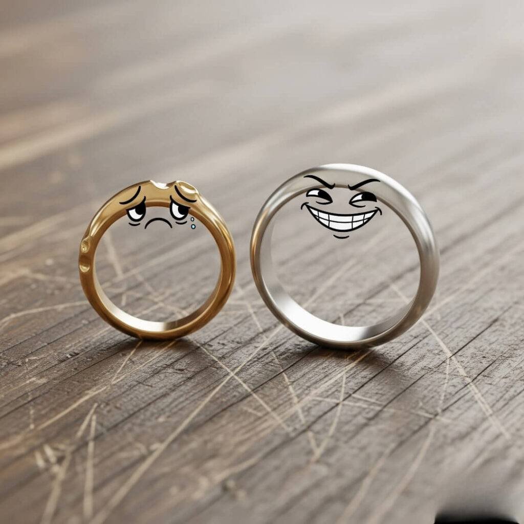A close-up cartoonish image of two wedding rings on a scratched table, one slightly dented.
