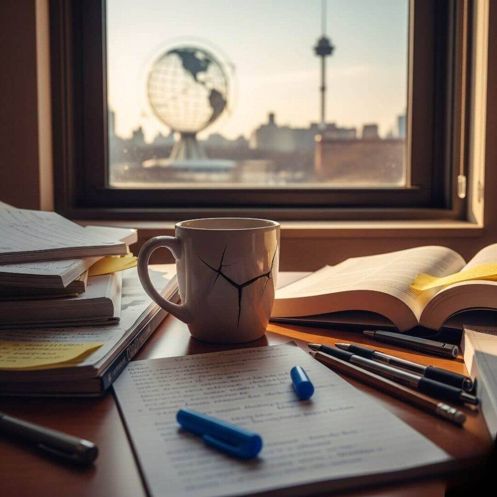 A cluttered desk in Queens with a chipped mug and notes, with Flushing Meadows Corona Park visible outside the window.