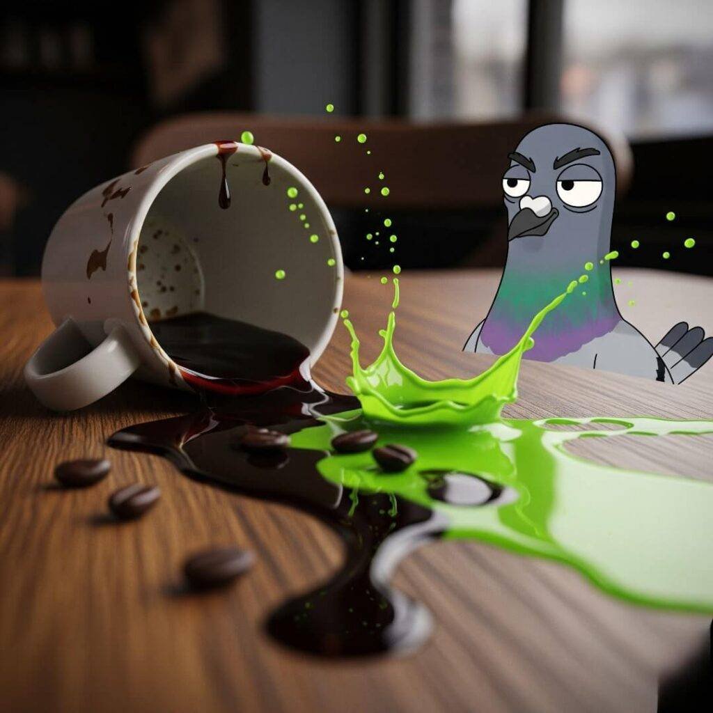 A coffee cup tipped over, spilling dark liquid and a splash of bright lime green, with a cartoon pigeon staring at the mess.